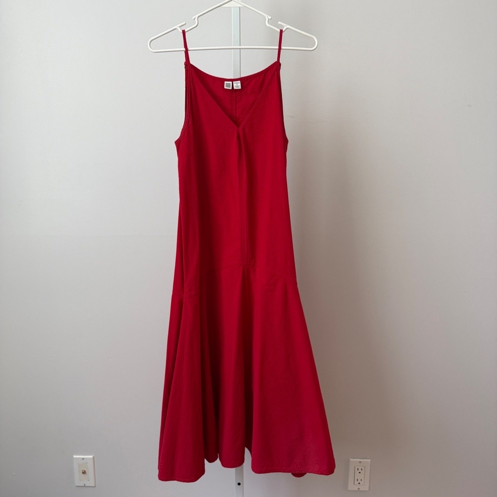 Uniqlo U Cotton Relaxed Coastal Minimalist Seersucker Midi Cami Dress Red M